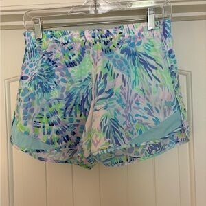 Lilly Pulitzer Luxletic Blue and Green Athletic Shorts Vibrant Tropical Print